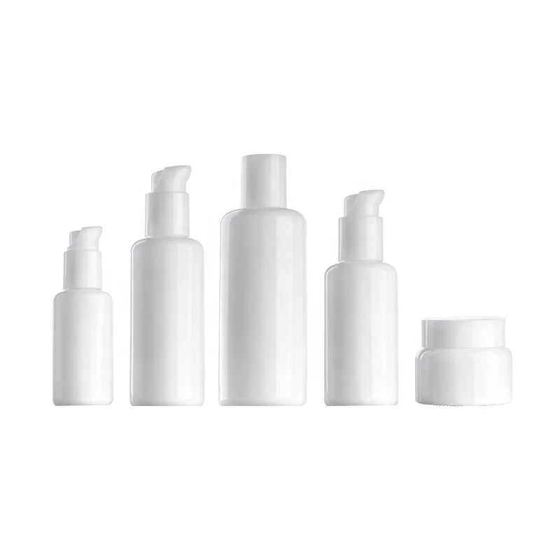Opal Glass Cosmetic Bottle 15 ml 40 ml 100 ml 120 ml 200 ml White Glass Bottle and 50 Gram Glass Jar With Lid for Skin Care