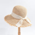 New Fashion Crocheted Raffia Straw Hat Ribbon Bow Frayed Brim Straw Bucket Hat