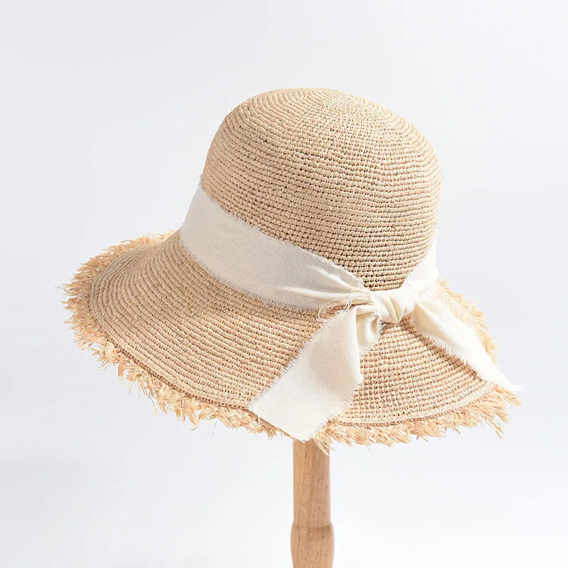 New Fashion Crocheted Raffia Straw Hat Ribbon Bow Frayed Brim Straw Bucket Hat