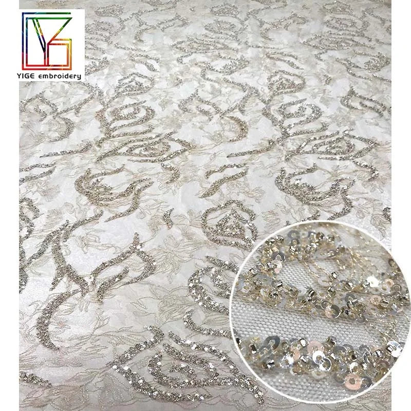 Hot Sale French Beaded Sequins Lace Wedding Bridal 100% Polyester Embroidery Tulle Lace Fabric for Dress
