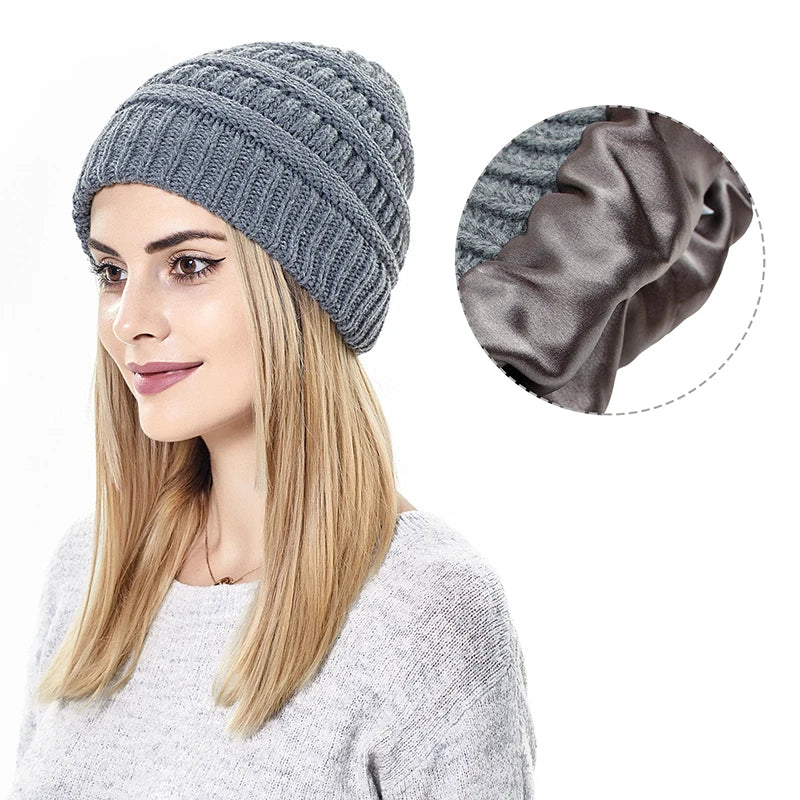 Custom Leather Logo Patches Silk Lined Beanies Ribbed Knitted Ski Hat Jacquard Winter Hats