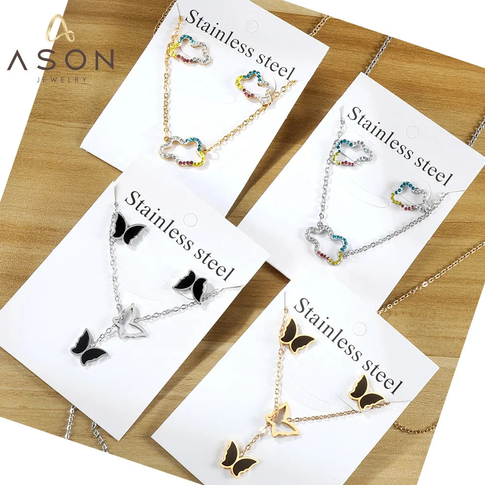 Ason Fashion Jewelry Sets Women Gold Butterfly Colours Cloud Zirconia Stainless Steel Wedding Necklaces Earrings Jewelry Set