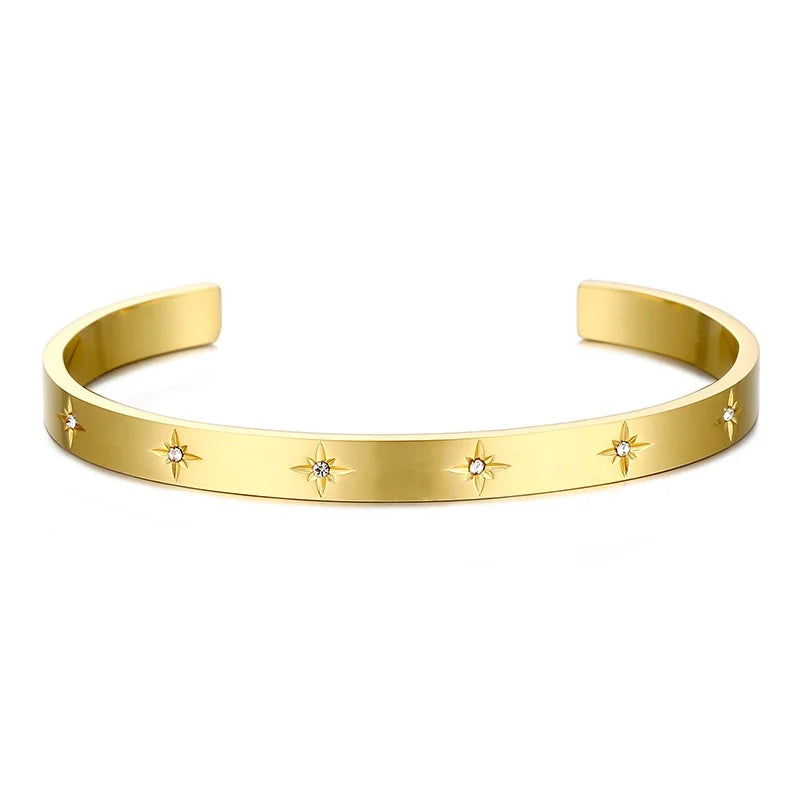 PVD 18K Gold Plated Stainless Steel Non Tarnish Free Water Proof Jewelry Sparkly North Cz Star Cuff Bangle Bracelet for Women