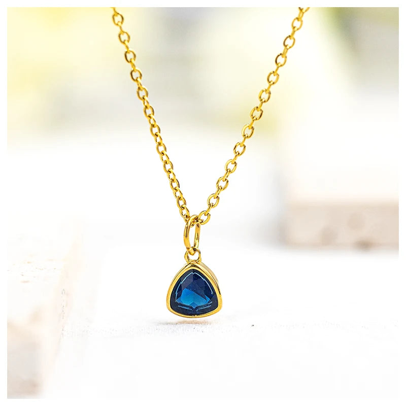 Powell Tarnish-Free 18K Gold Plated Stainless Steel Necklace September Jewelry Colorful Zirconia Pendant Trendy Claw Setting