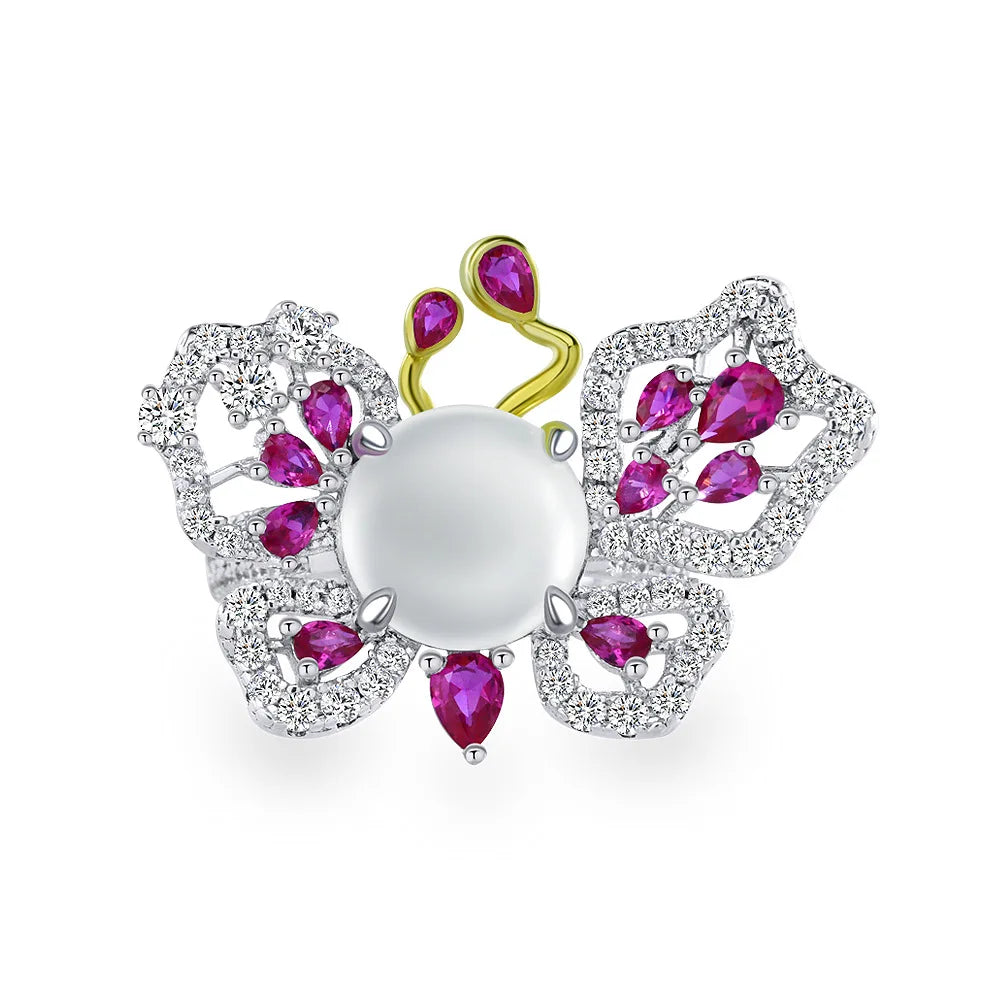 925 Sterling Silver Jewelry Big Butterfly Ring Full Paved Red Cubic Zirconia