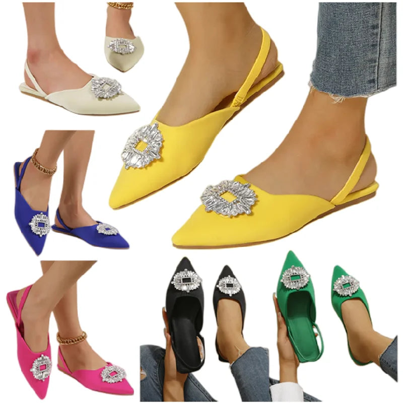 YQY0255 New Style Summer Sexy Party Luxury Pointed Toe Rhinestone Sandals Ladies Slippers Slip on Women Flat Shoes