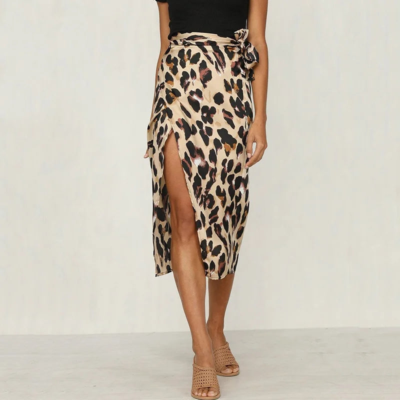 Women's Classic Leopard Print Chiffon Slit Skirt Fashion Lace Decoration  Natural Waistline Casual Skirt