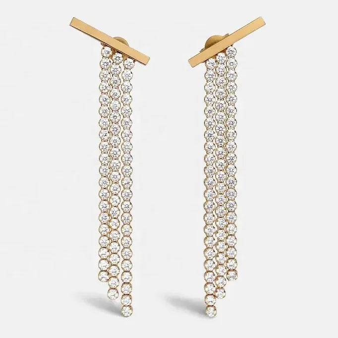 Temperament Intellectual Niche Minimalist Gold Finish Brass and Crystal Long Tassel Full Zircon Earrings