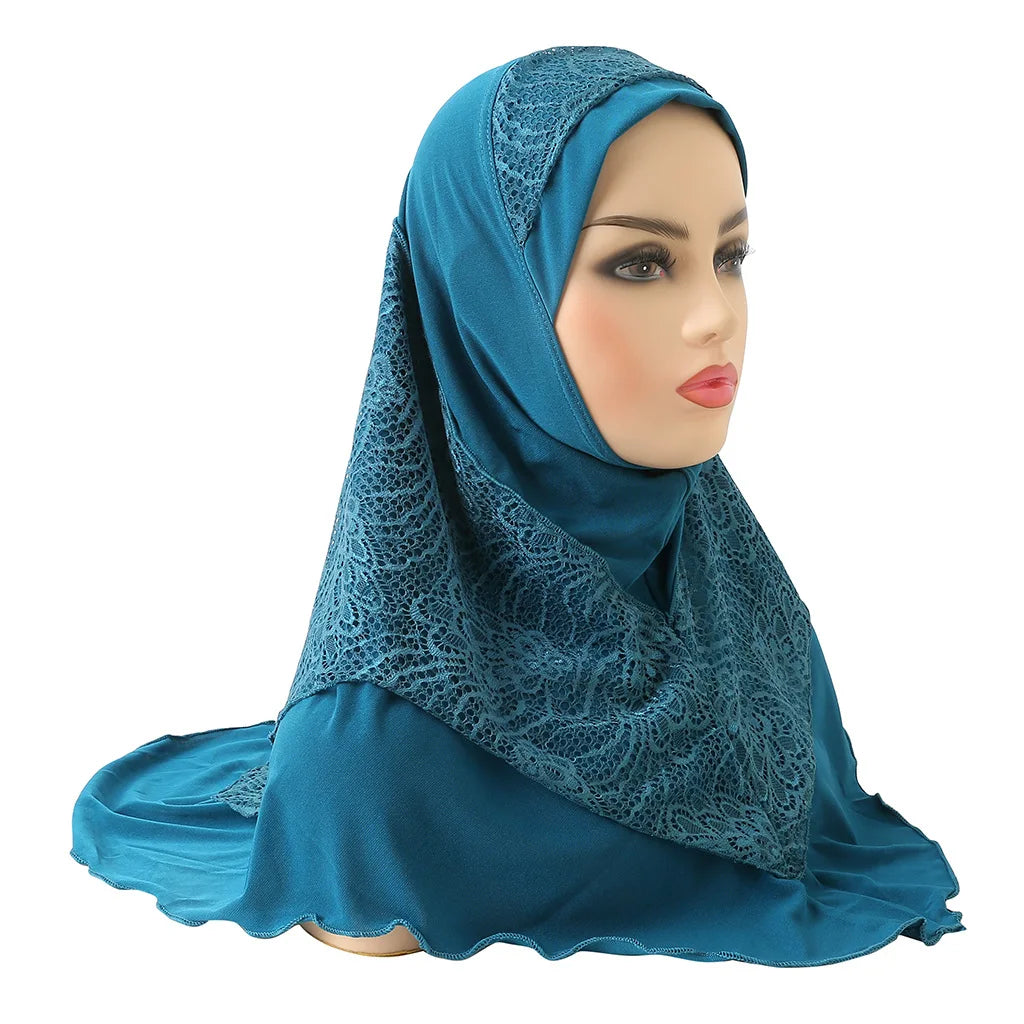 Malay Ladies Crystal Hemp Lace Stitching Veil Hat Turban Plain Color Instant Hijab Adult Size Hijab