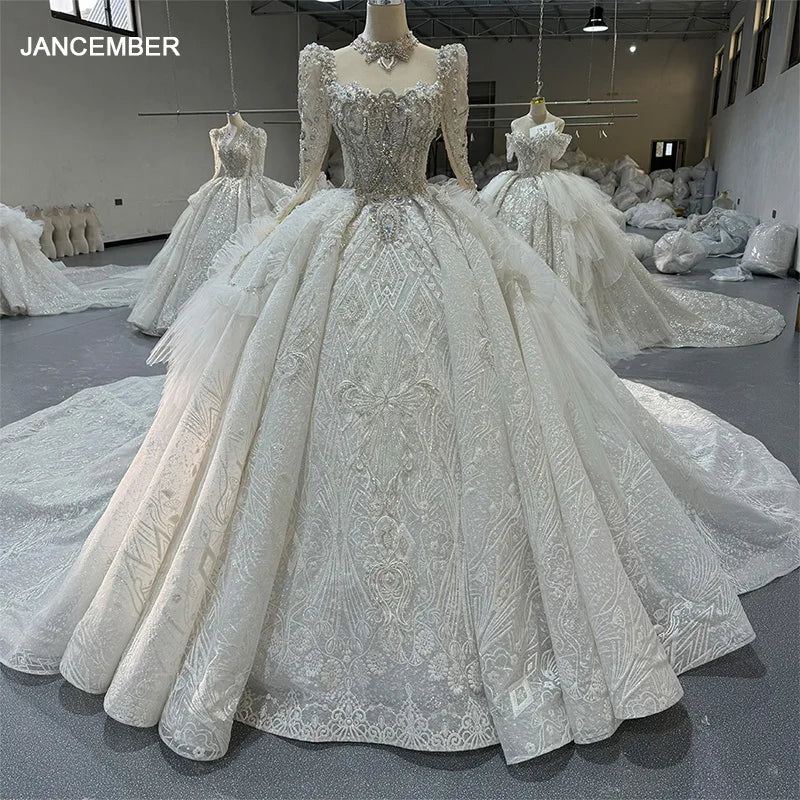 New Design Wedding Gowns Crystal Bead Bridal Ball Gown Luxury Cathedral Train Wedding Dress for Woman Mn243