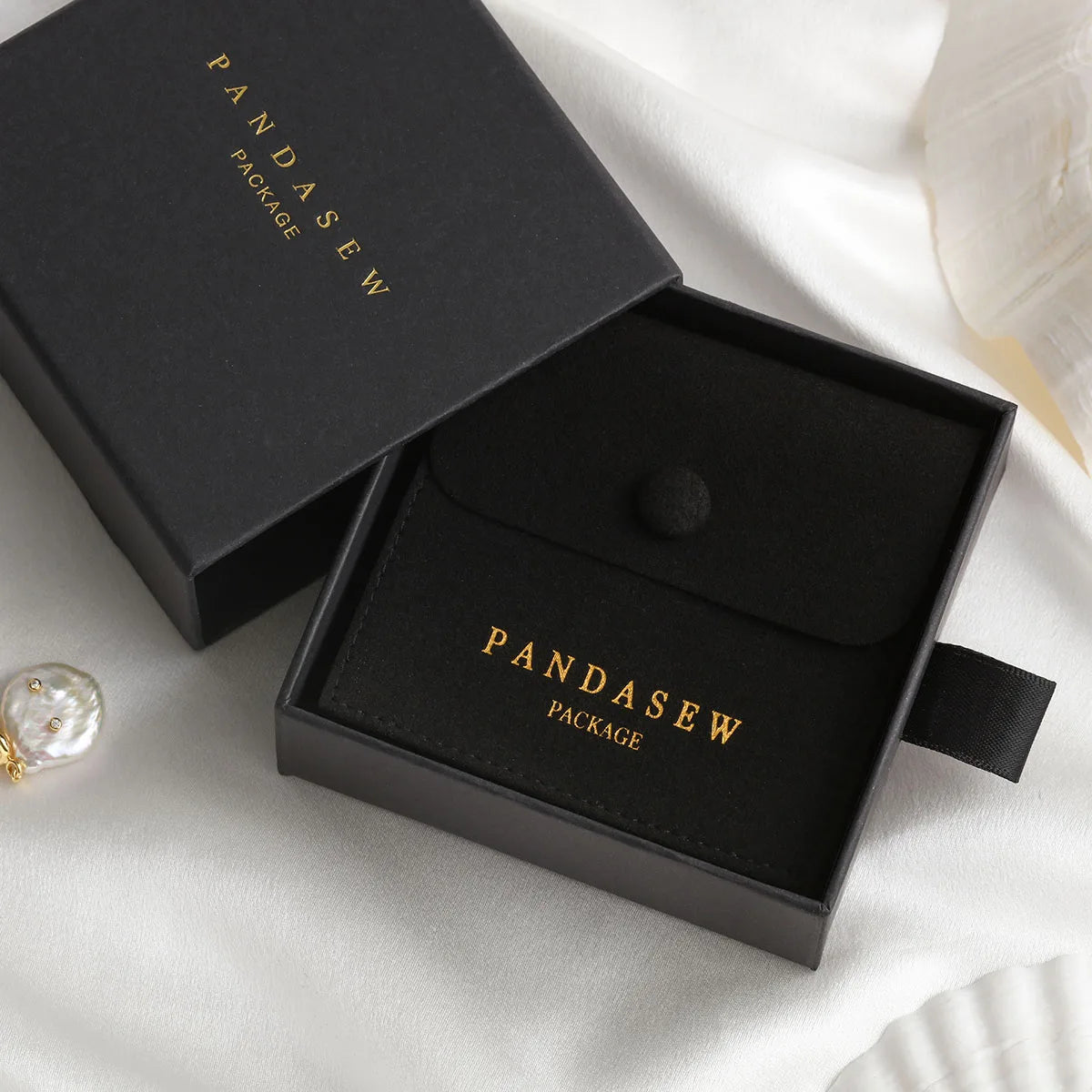 PandaSew Luxury Paper Packaging Jewelry Drawer Box & Microfiber Jewelry Pouch With Button Custom logo Printed