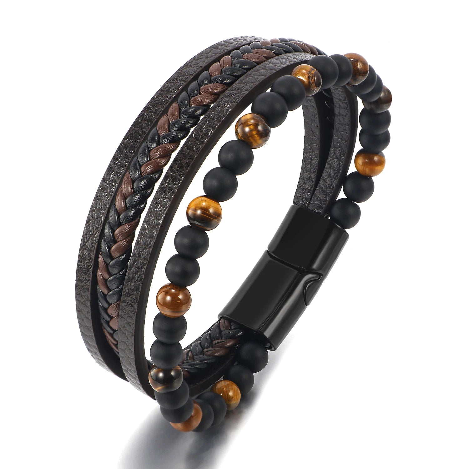 Wholesale Custom Men's Multi-Layered Stainless Steel Bracelets Hand-Weaved Genuine Leather Natural Tiger Eye Onyx Anniversaries