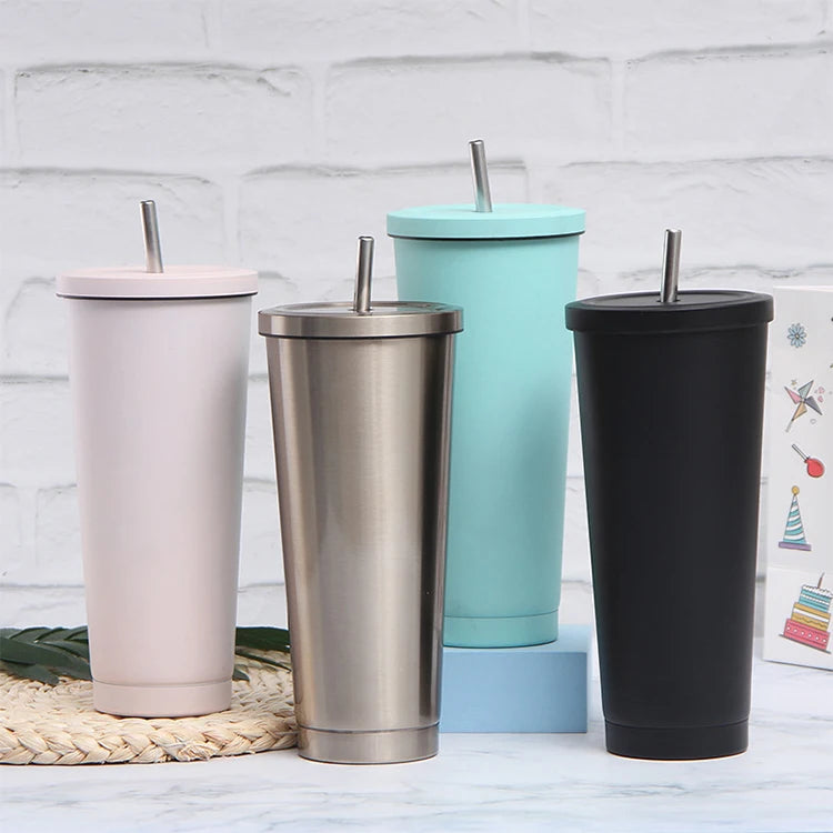 In Stock 750ml Stainless Steel Eco-Friendly Portable Office Cup with Straw and Lid Custom Logo Vacuum for Office Use