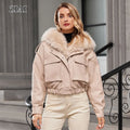 ZIAI Flap Pocket Fuzzy Collar Flap Pocket PU Leather Jacket