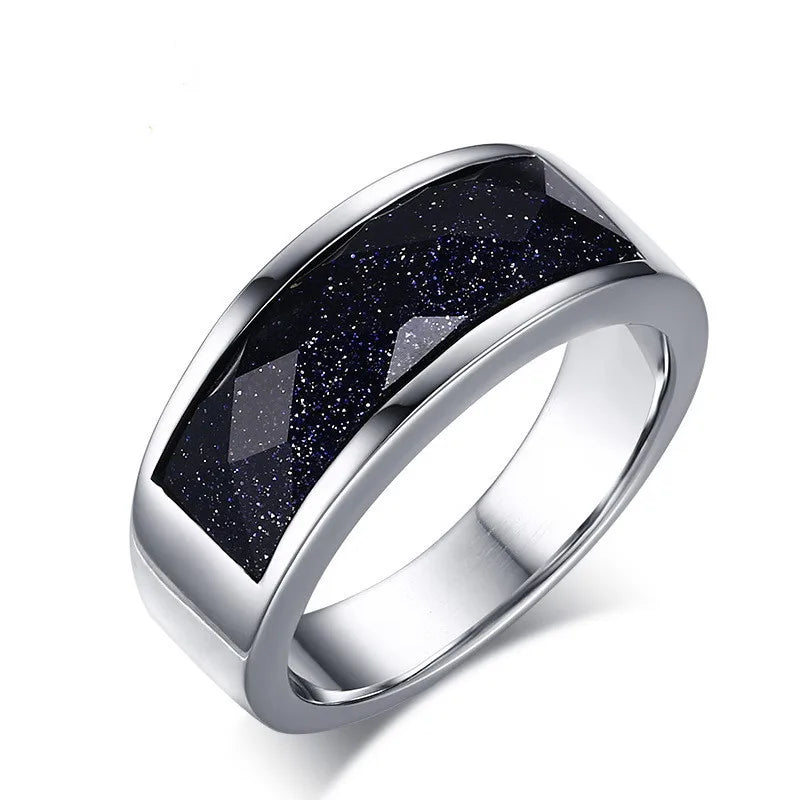 Trendy High Polished Boutique Tungsten Blue Sand Stone Finger Ring Jewelry for  Men