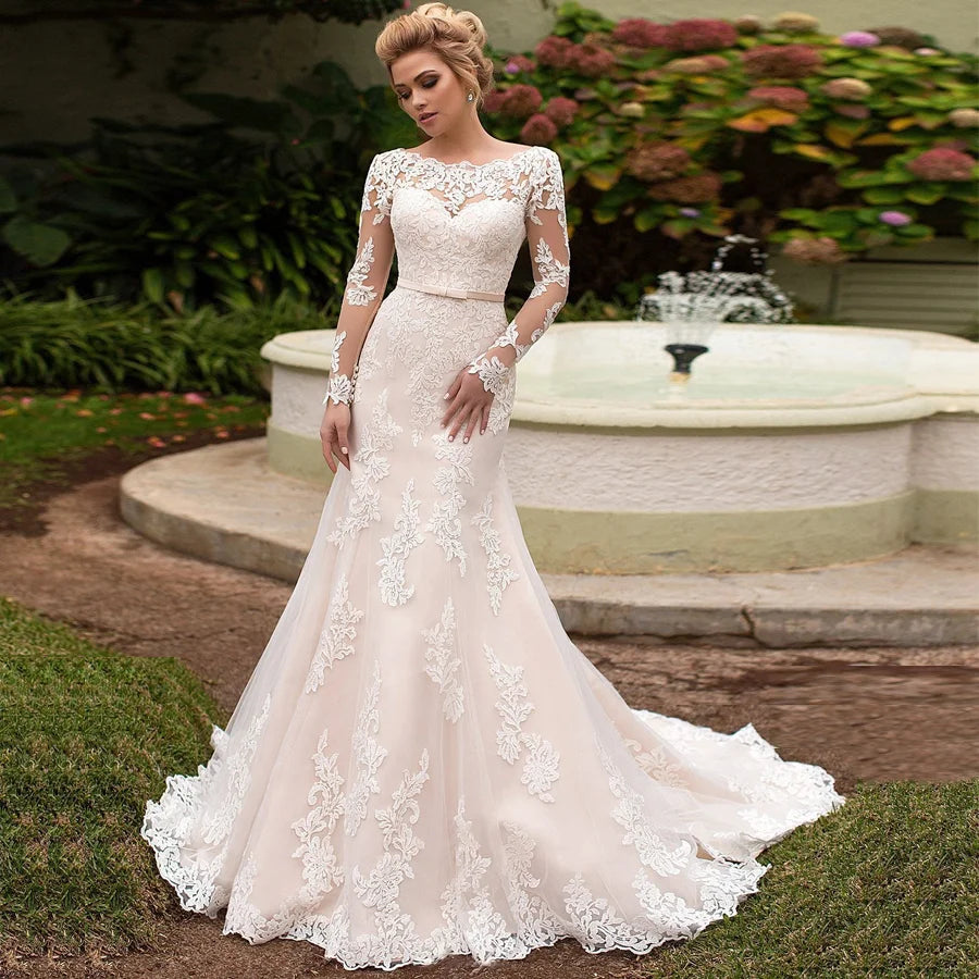 Hot Sale Simple Lace Customized Backless Appliqued Mermaid Wedding Dresses Bridal Gown With Long Sleeve Lace up MWB523
