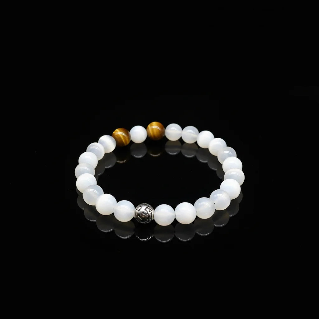 Men Women Personality Natural Golden Tiger Eye Cat Eye Stone Vintage Thai 925 Sterling Silver Bead Stretch Bracelet