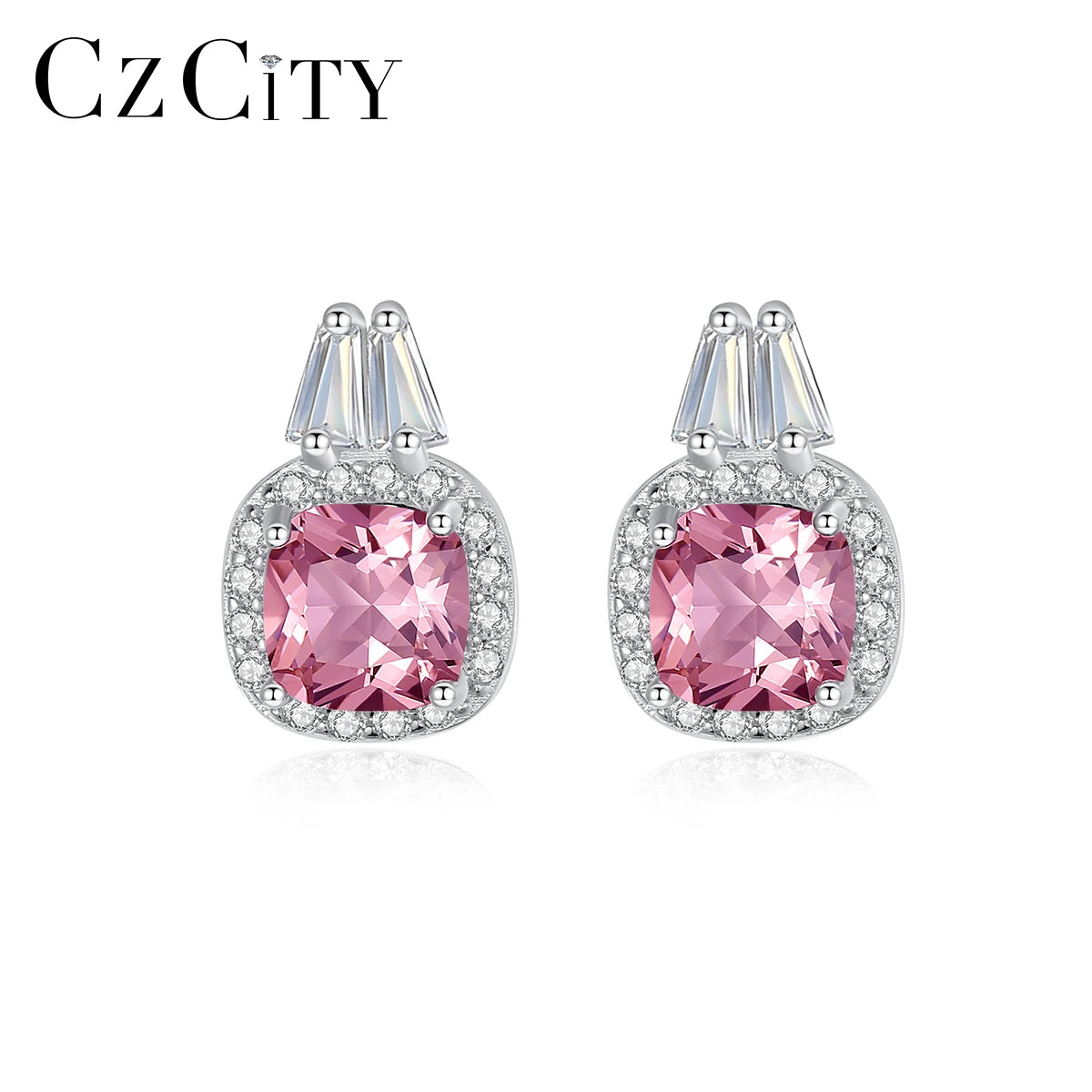CZCITY Square Zircon Earrings 925 Sterling Silver Women'S Party Jewelry Zircon Earrings Square Pink Diamond Earring