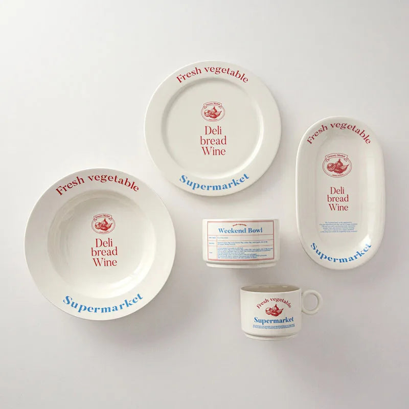 French Retro Ceramic Plate Bowl Cutlery Cream Korean INS Alphabet Breakfast Dessert Plate