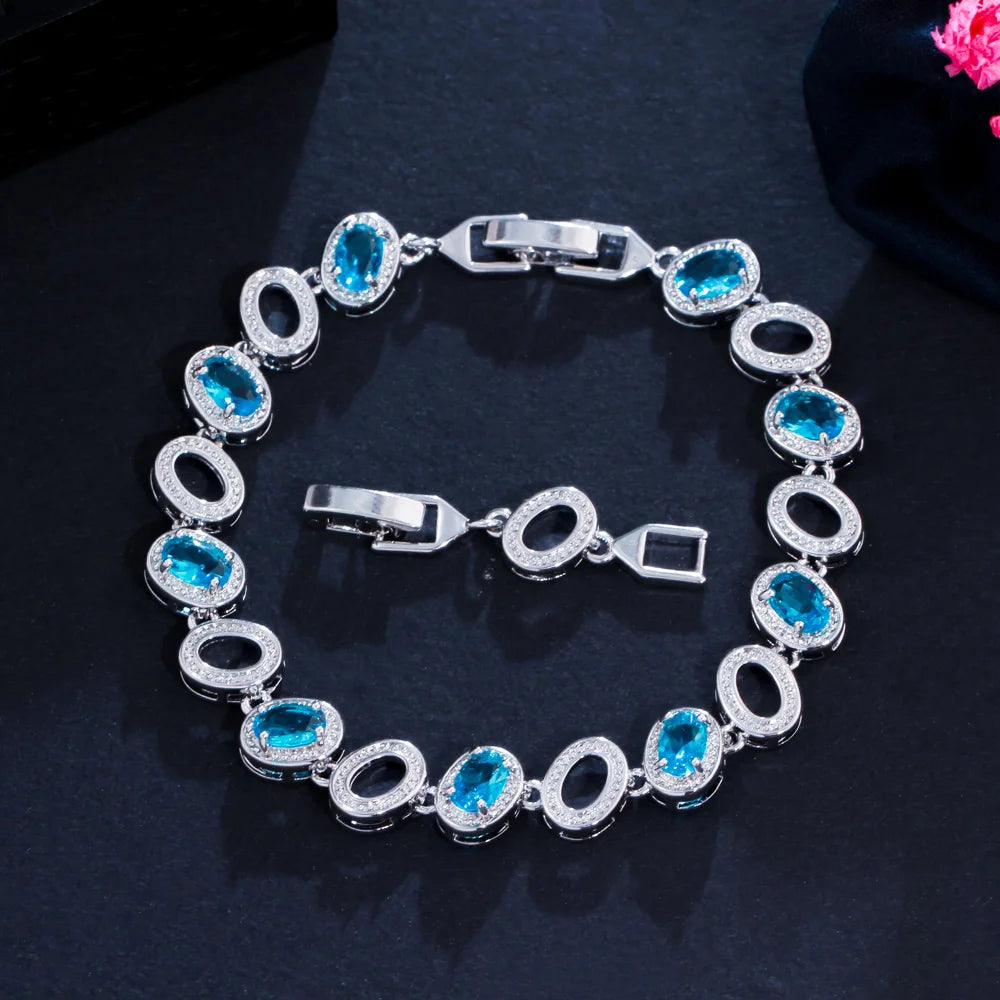 2022 New Trendy Oval Cut Light Blue Cubic Zirconia Crystal Round Chain Party Bracelets for Women Wedding Engagement MegaBDM