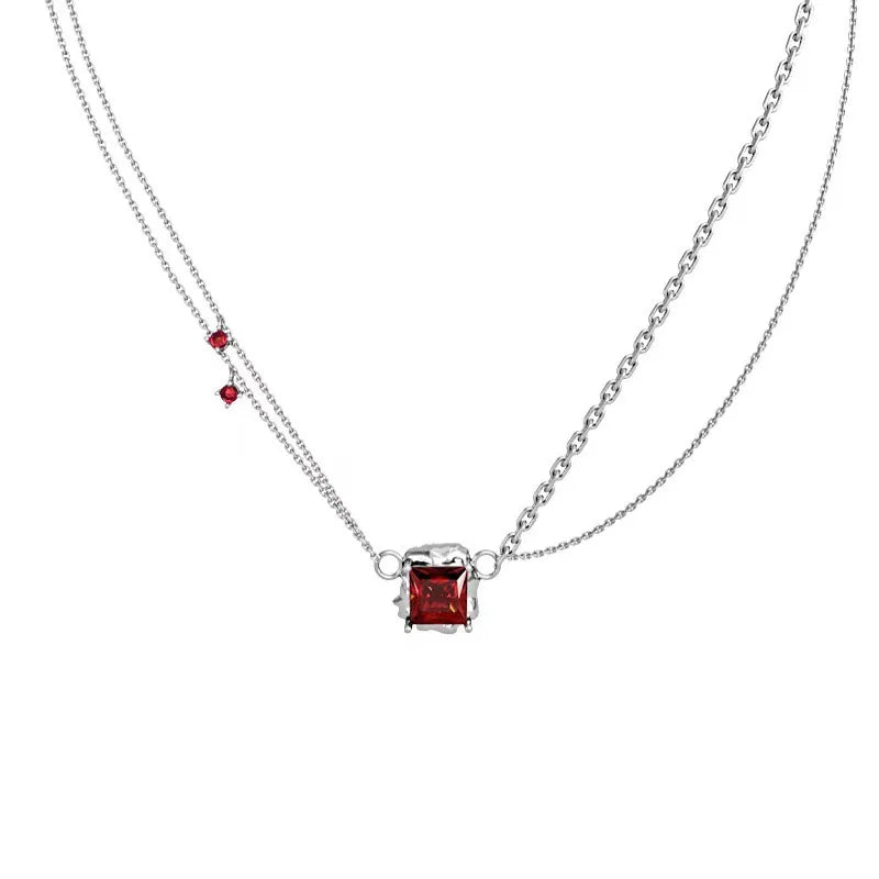 GT Jewelry INS Red Gem Ruby Pendant Necklace Link Chain Male Female Couples Layered Clavicle Choker Sweet Necklace