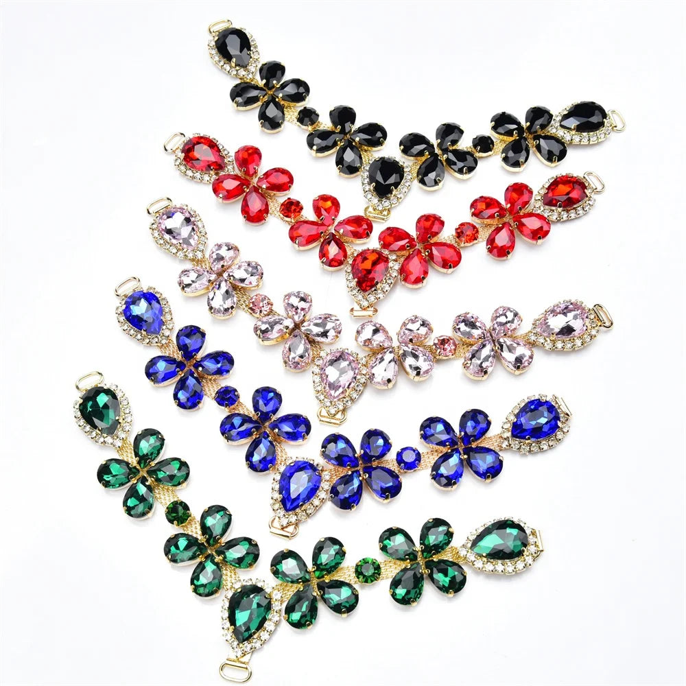 V-shaped Glass Crystal Chain DIY Clothing Ornament Gold Metal Rhinestone Applique Connector Buckle for Bikini Sandal Flip Flops