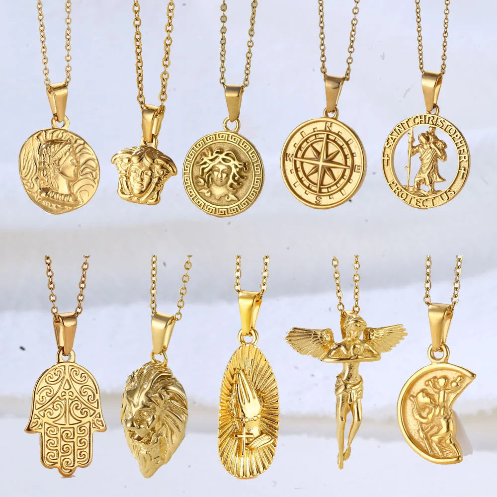Hot Medusa Necklace Angel Wing Rose Flower Jewelry Stainless Steel Religious Half Saint Pendant St. Christopher Necklace Compass