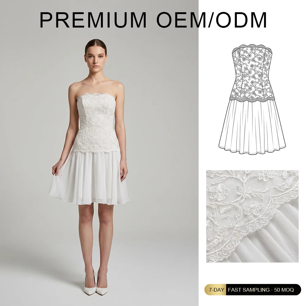 Brand Custom Women's Modest Chic Sling Long Dress Elegant Ruffled Neck Spaghetti Strap Solid Romantic Lace Party Mini Dress
