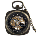 Luxury Bronze Square Case Hand Winding Pocket Watch Open Face Mechanical Fob Watch with Chain for Men Gift