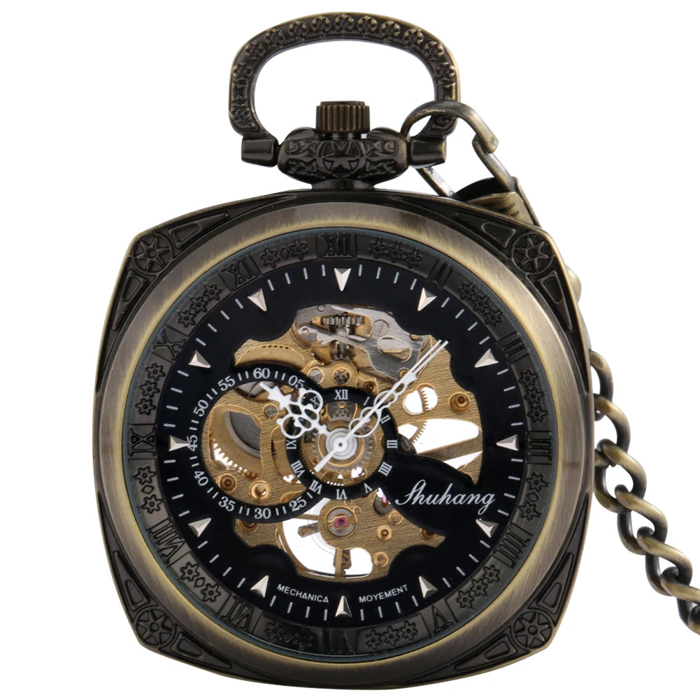 Luxury Bronze Square Case Hand Winding Pocket Watch Open Face Mechanical Fob Watch with Chain for Men Gift