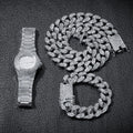 2cm Wide Hip Hop Jewelry Cuban Link Iced Out Chain Bracelet Necklace and Watch Combo Sets