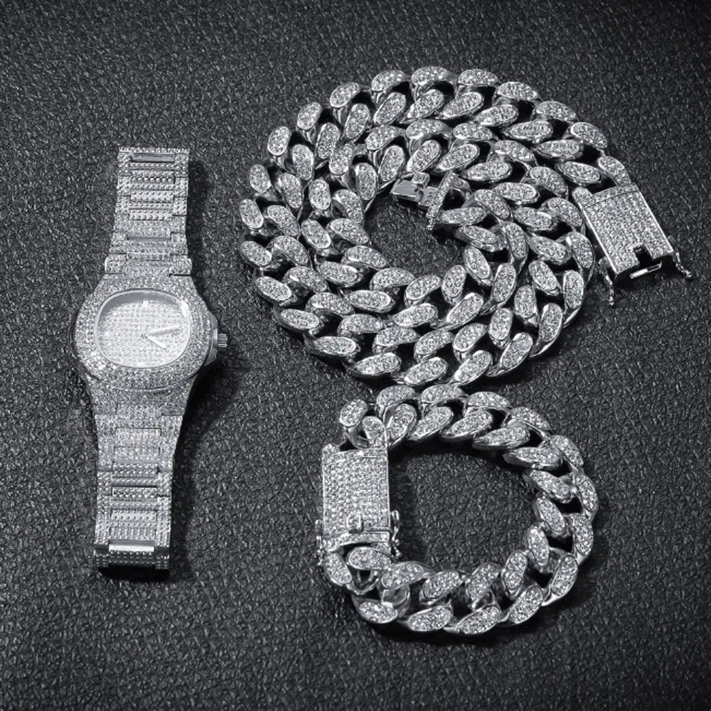 2cm Wide Hip Hop Jewelry Cuban Link Iced Out Chain Bracelet Necklace and Watch Combo Sets