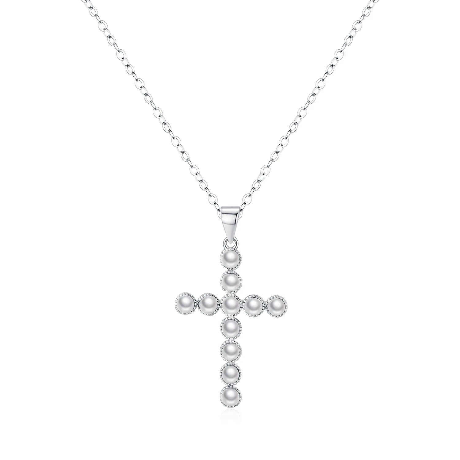 Elegant Artificial Pearl Necklace 925 Sterling Silver Hypoallergenic Cross Pendant Crucifix Necklace for Women Daily OL Jewelry