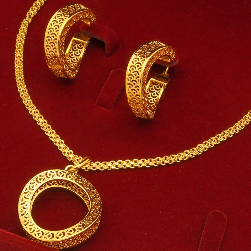 Conjuntos De Joyas 24K Gold Plated Jewelry Sets Middle Eastern Necklace Earring Ring Bracelet 4pcs African Wedding Bridal Set
