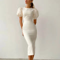Summer New Arrivals Polyester Solid Short Puff Sleeve Ladies Casual Bodycon Midi Women Dress