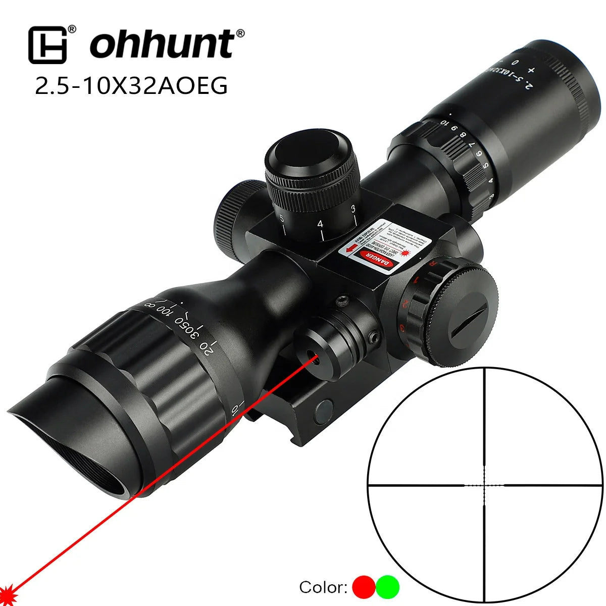 Ohhunt Tactical Optics 2.5-10x32AOEG Red Green Illuminated Wire Reticle Compact Hunting Scope