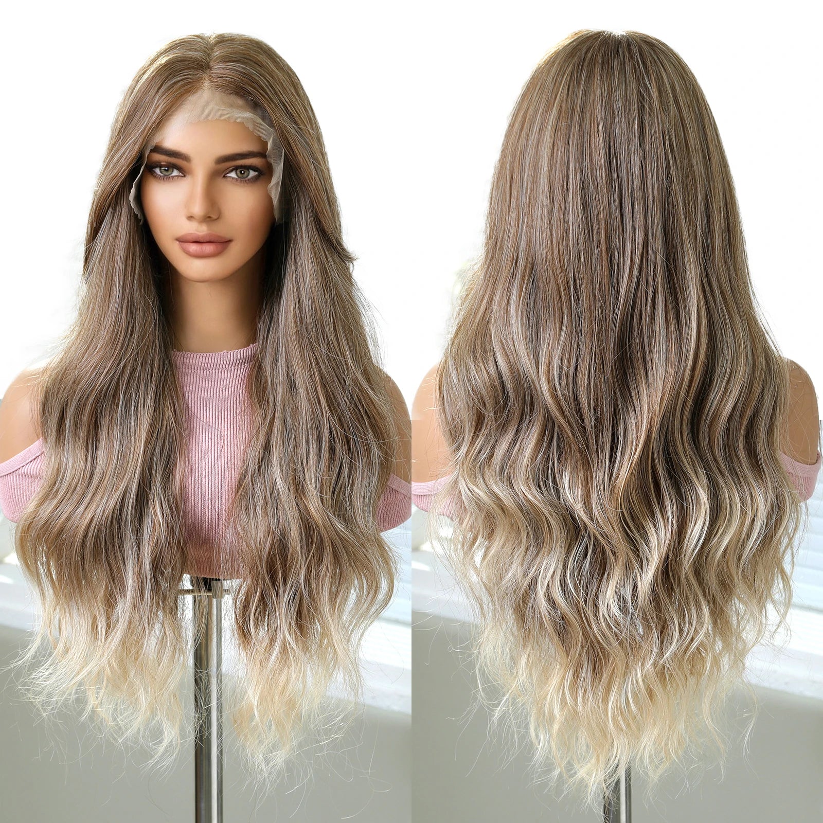 Japanese Fiber 13*6 Lace Synthetic Wig Light Brown Gradient Platinum Color Lace Front Wig Filament Wavy Hair Highlight Wig