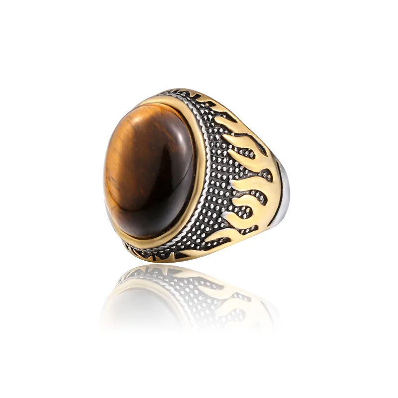 SS8-736R Steel Soldier Gold Color tiger Stone Ring for Men Stainless Steel Smooth Fashion Jewelry