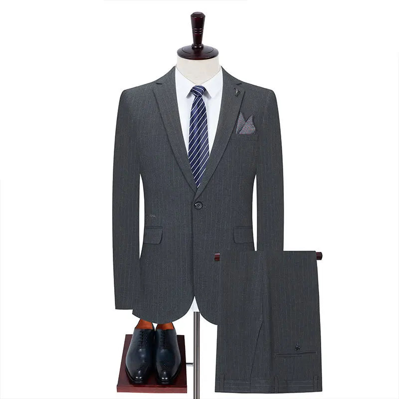 Men's Top-Grade Breathable Two-Piece British Business Casual Suit Gray Striped Korean Professional Dress