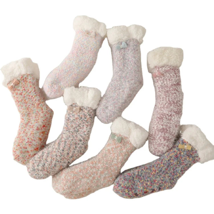 Custom Thermal Winter Warm Fuzzy Slipper Floor AntiSlip Plush Dotted Rubber Anti-slip Women Winter Socks