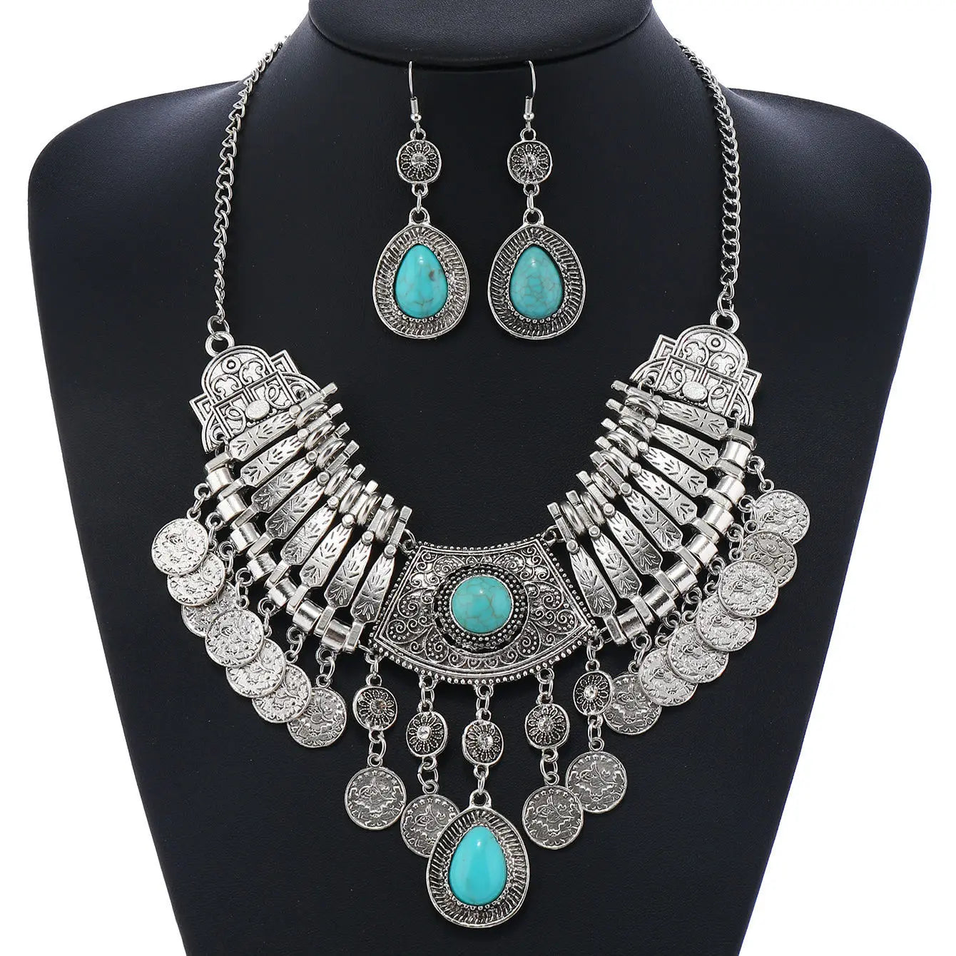 Fashion Jewelry Set Retro Green Stone Statement Choker Necklace Earrings Oxidized Jewelry Necklace Sets for Women