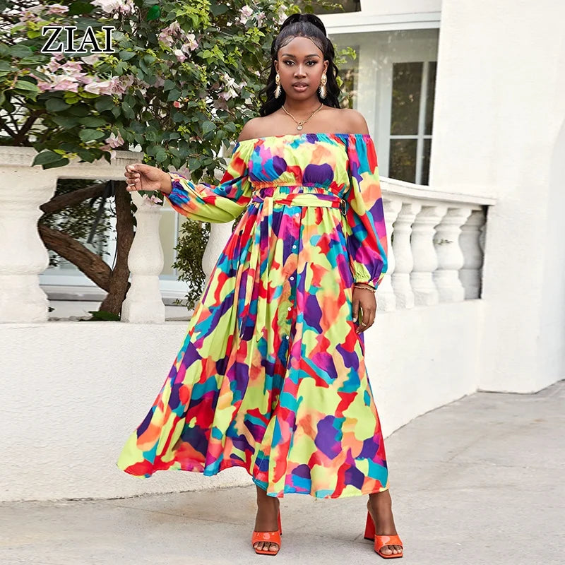 Tie Dye Maxi Dress With Belt Fashion Women African Popular Plus Size Casual Dresses Natural