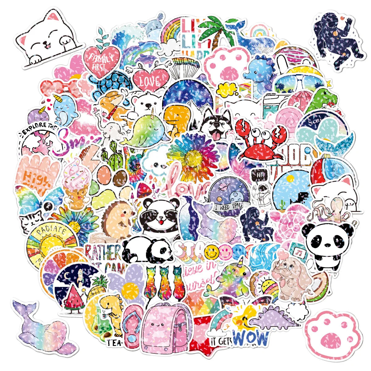 100PCS Trendy Cool Holographic Laser Aesthetic Decals Glitter VSCO Cute Cartoon Inspirational Sticker