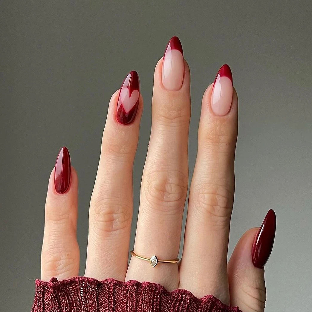 Custom Logo Design Burgundy Red Artificial Fingernails Wholesale Soft Gel Medium Almond Custom French Press on Nails En Gel