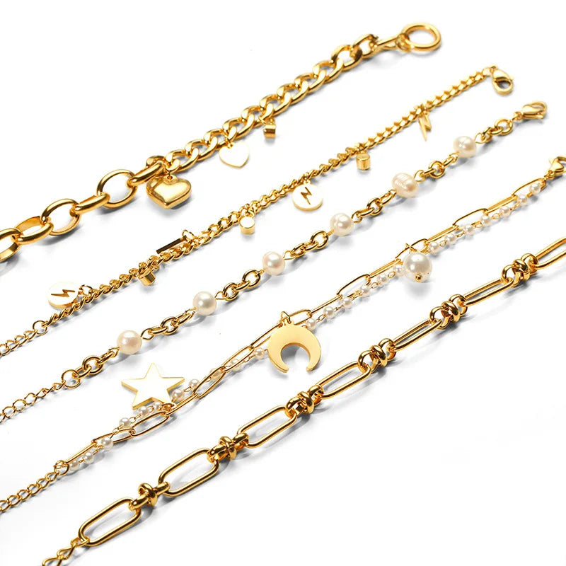 Fashion Personality DIY Star Moon Titanium Steel Bracelet Waterproof Stainless Steel Plated 18k Gold Bracelet Jewelry