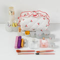 Custom Logo White Lace Cherry Puffer Quilt Makeup Bag Toiletry Case Women's Fashionable Flower Floral Zipper Makeup Pouch Bags