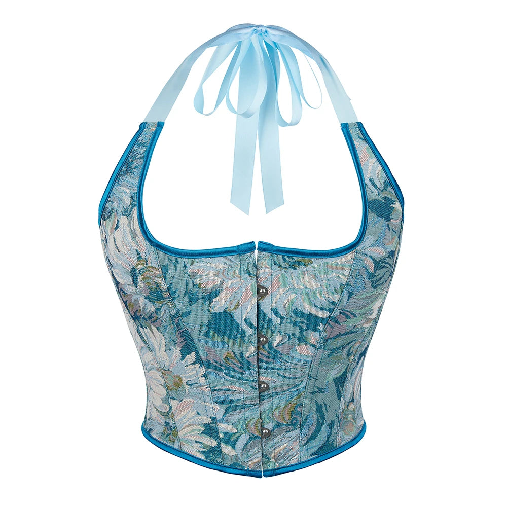Halter Neck Floral Camisole Short Torso Overbust Corset Shaper Women Bustier Crop Tube Tops