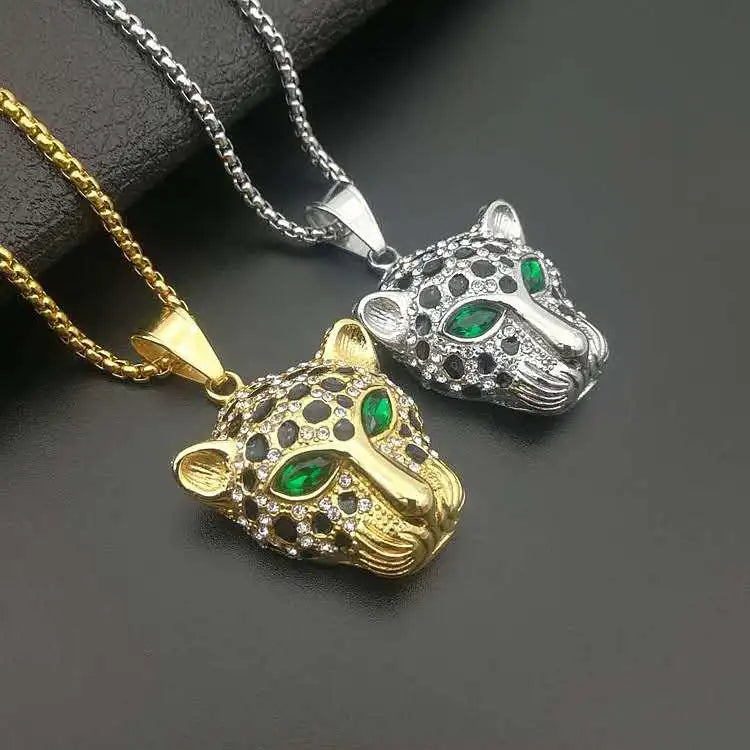 OEM New Stainless Steel Hip Hop Red Green Eye Leopard Head Pendant Necklace MegaBDM
