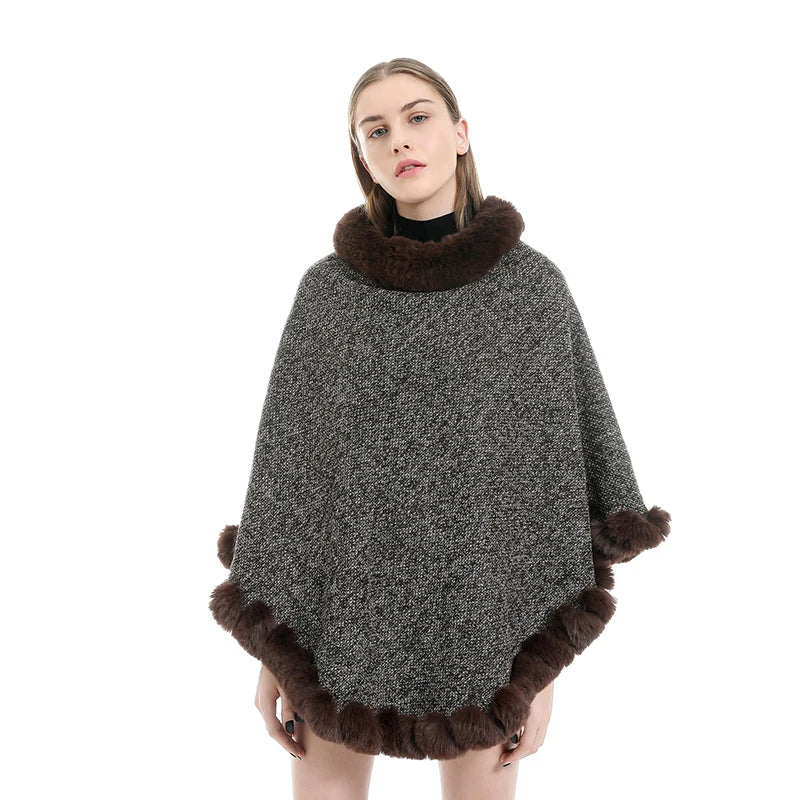 Jtfur Women Autumn Elegant Pullover Coat Warm Imitation Cashmere Faux Fur Poncho Fur Cloak
