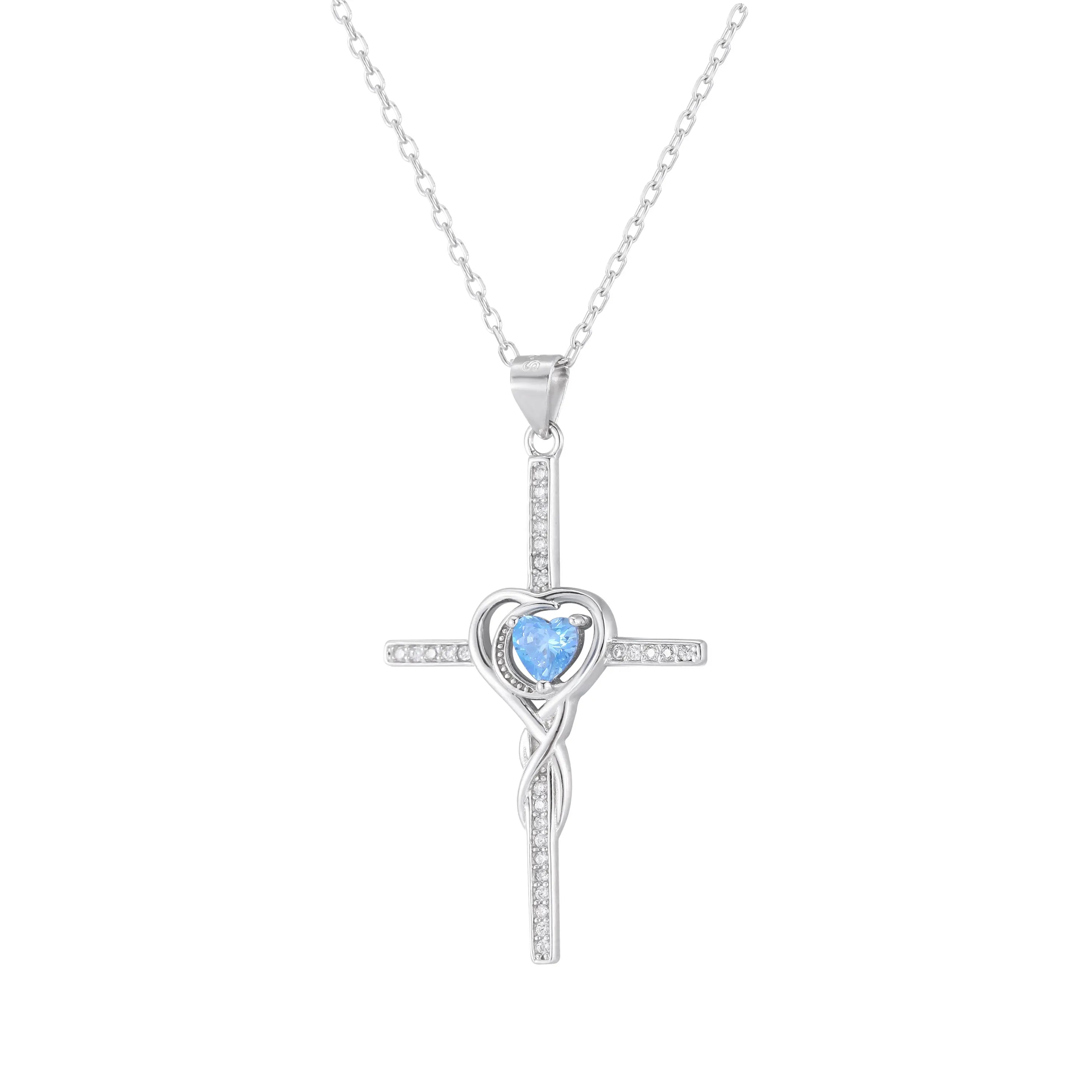 Fashion Hot Sale 925 Sterling Silver Cross Pendant Necklace Heart Shape Rhodium Plated Zircon Girls Pendant Necklace Wholesale